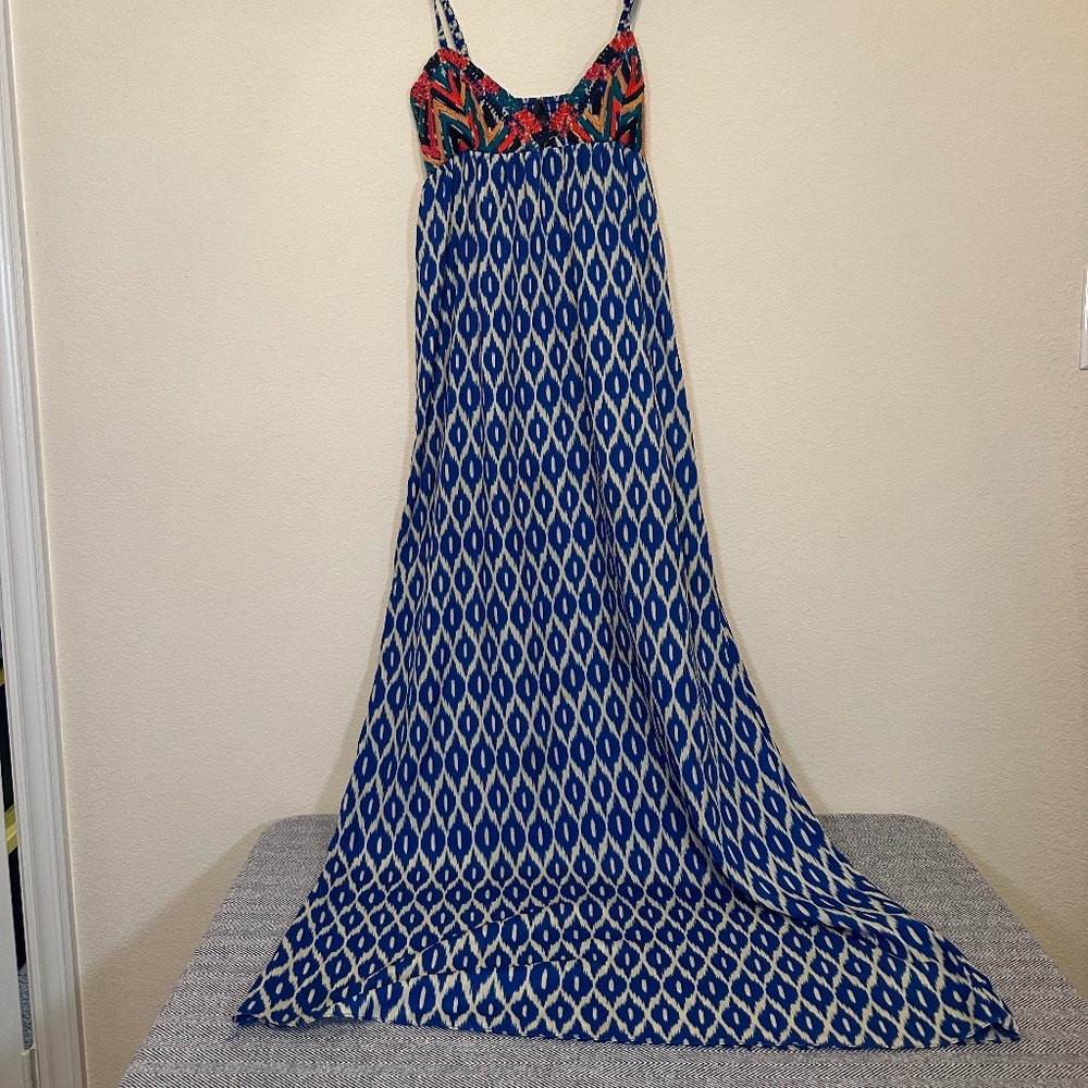 THML - Geographic Tribal Maxi Small Blue Diamond Boho Dress